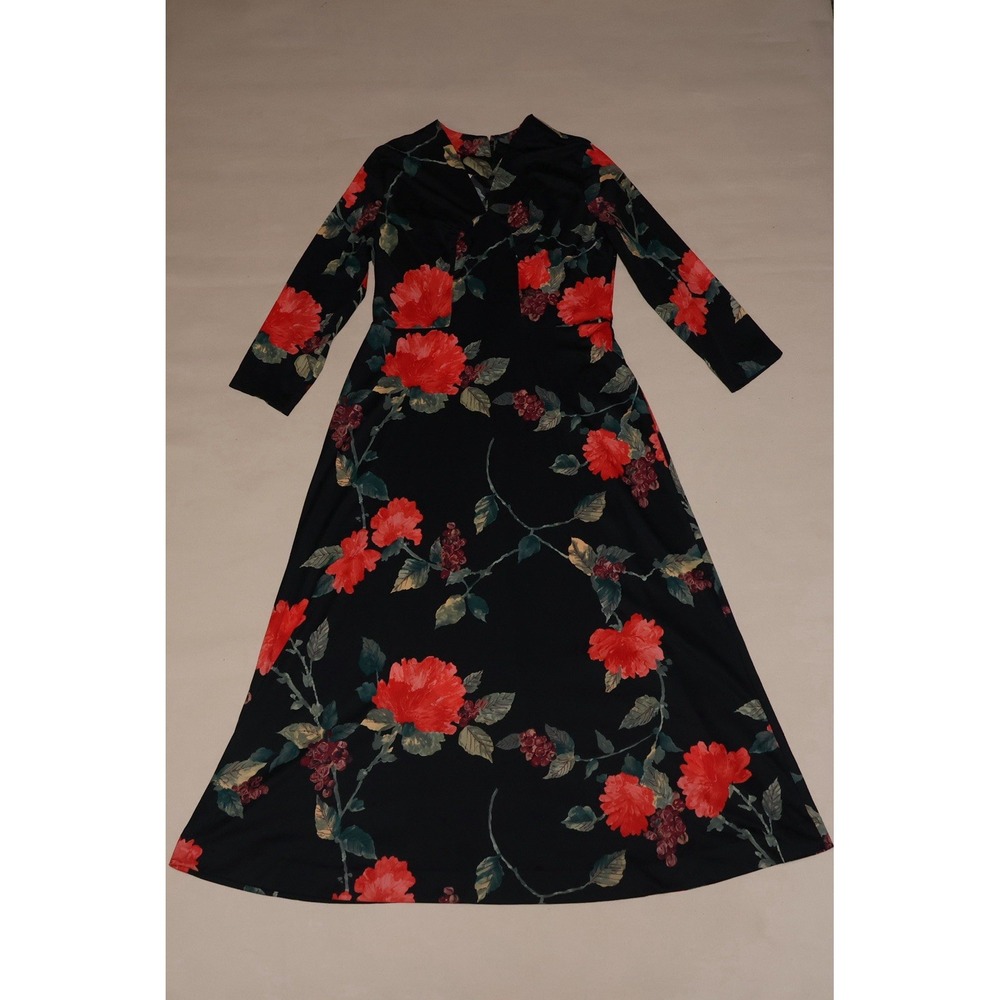 Vintage 1970s Toni Todd Floral Maxi Dress Black Red Long Sleeve Boho 70s